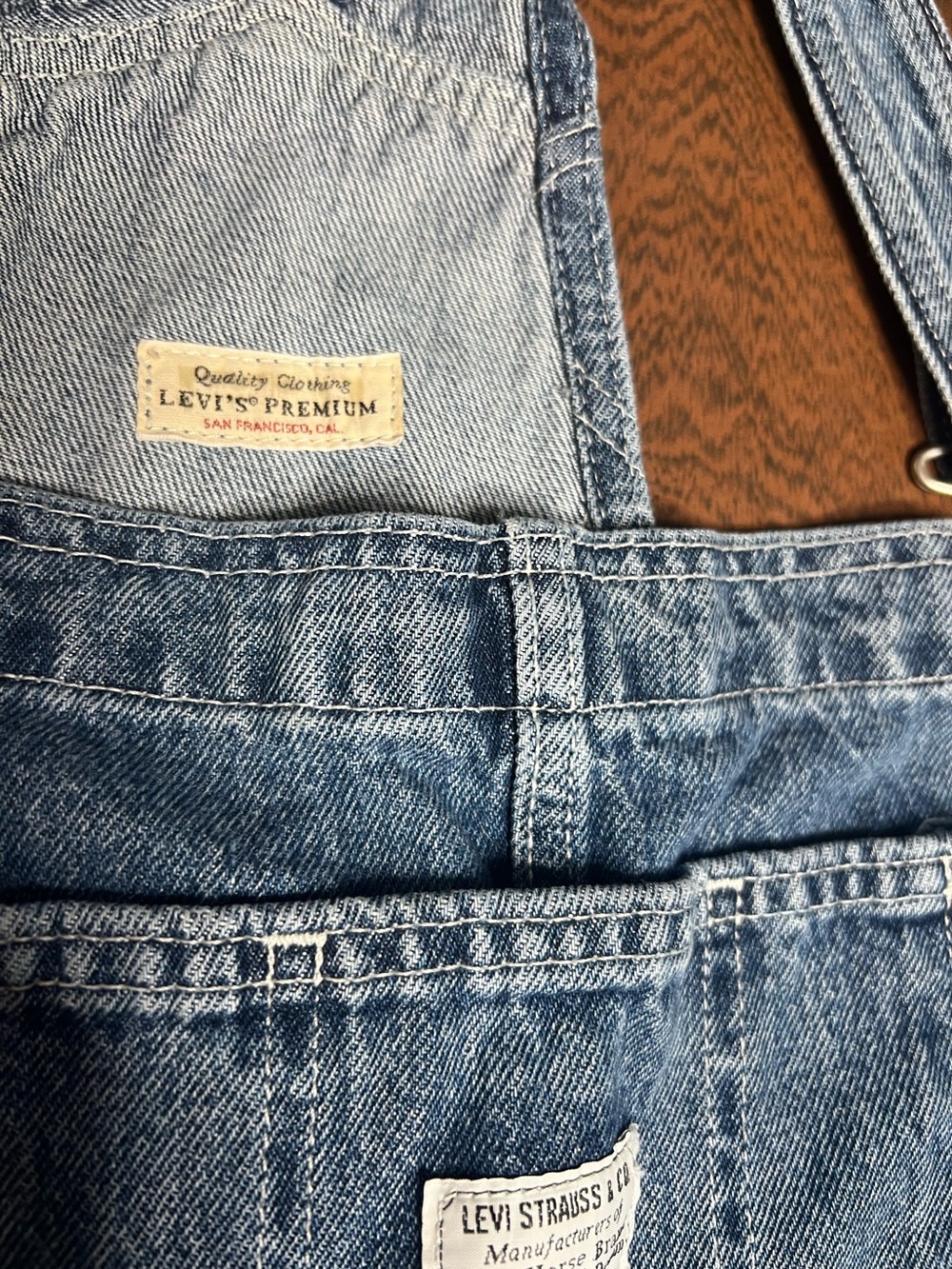 Levi’s Premium Utility Double Knee Wide Leg Dark Wash Denim Jean Overalls Medium - Picture 4 of 6